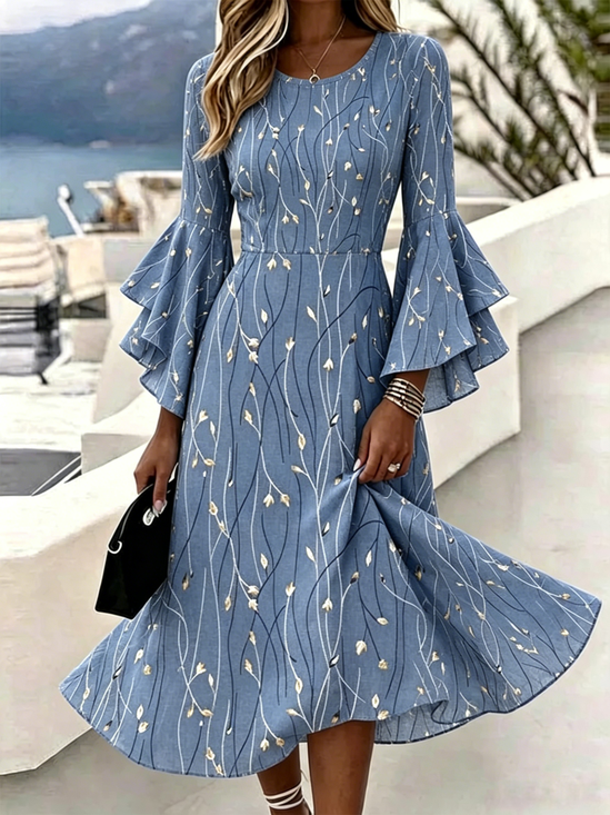 Blue Gold Leaf Print V-Neck Flare Sleeve Midi Dress for Women