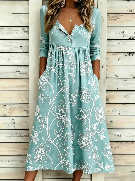 Floral Vintage Half Open Collar Dress With No