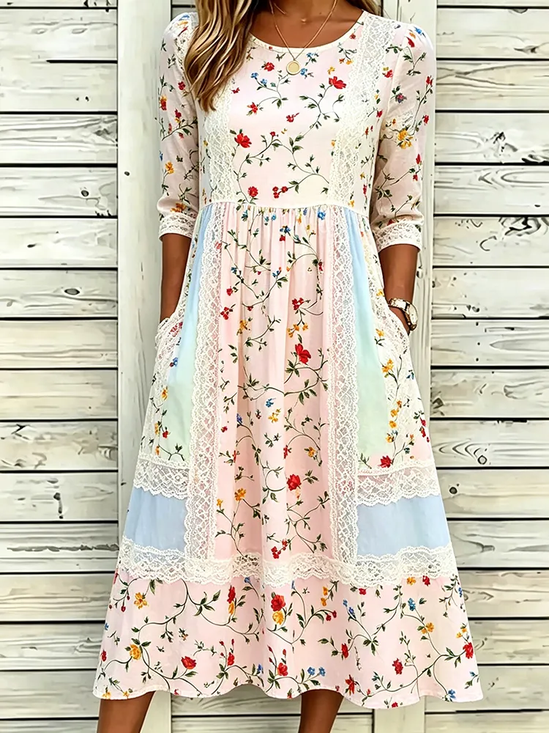 Women's Half Sleeve Summer Pink Floral Printing Crew Neck Daily Going Out Casual Maxi H-Line Dress