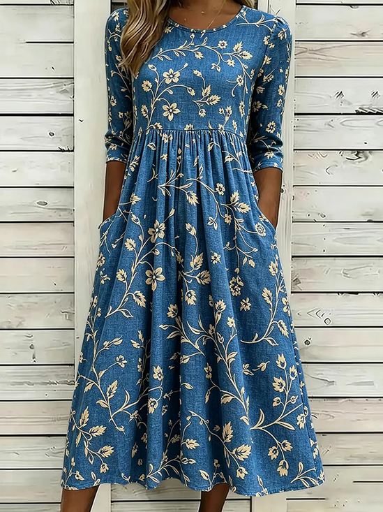 Women's Half Sleeve Summer Blue Floral Printing Crew Neck Daily Going Out Casual Maxi H-Line Dress