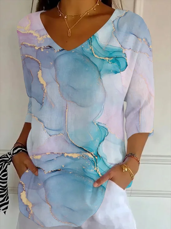 Women's Three Quarter Sleeve T-shirt Spring/Fall Green Abstract Printing V Neck Daily Going Out Casual Top