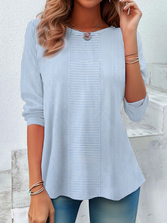 Women's Long Sleeve T-shirt Spring/Fall Blue Striped Jersey Crew Neck Daily Going Out Casual Top