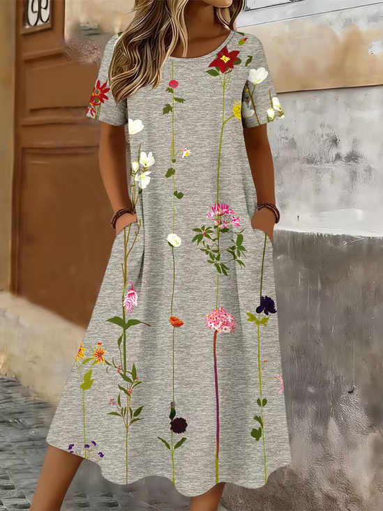 Women's Short Sleeve Summer Gray Floral Printing Crew Neck Daily Going Out Casual Maxi H-Line T-Shirt Dress Dress
