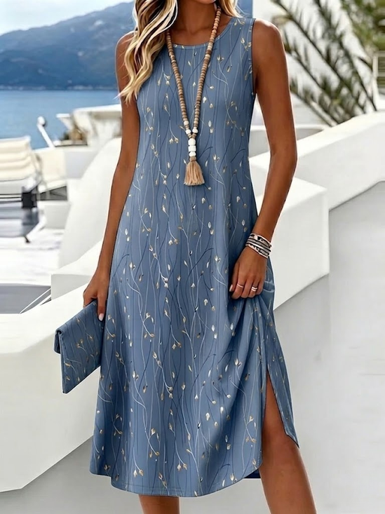 Women's Sleeveless Round Neck Midi Dress Blue Gray Floral Print Casual Summer Tank Dress with No Slit Hem