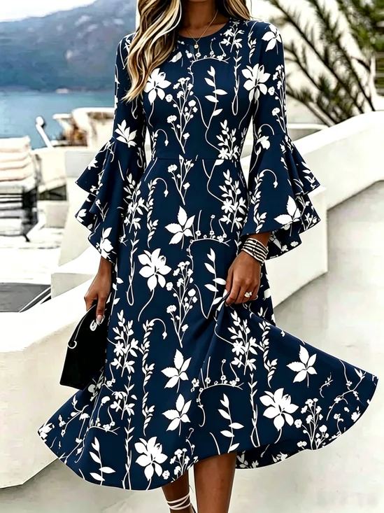 Regular Fit Bell Sleeve V Neck Floral Elegant Dress With No