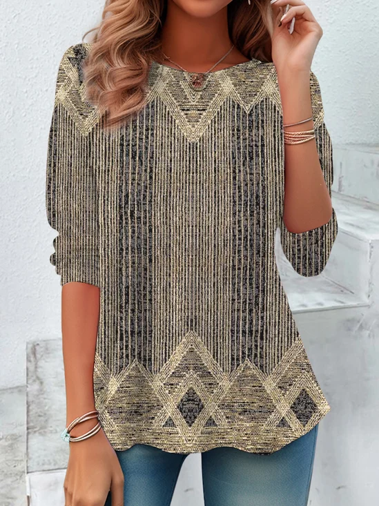 Women's Long Sleeve T-shirt Spring/Fall Brown Abstract Jersey Crew Neck Daily Going Out Casual Top