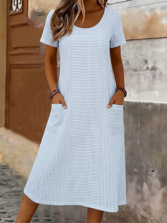 Women's Short Sleeve Summer Blue Striped Printing Crew Neck Daily Going Out Casual Maxi H-Line T-Shirt Dress Dress