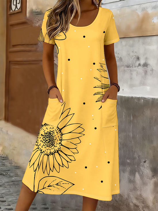 Women's Short Sleeve Summer Yellow Floral Printing Crew Neck Daily Going Out Casual Maxi H-Line T-Shirt Dress Dress