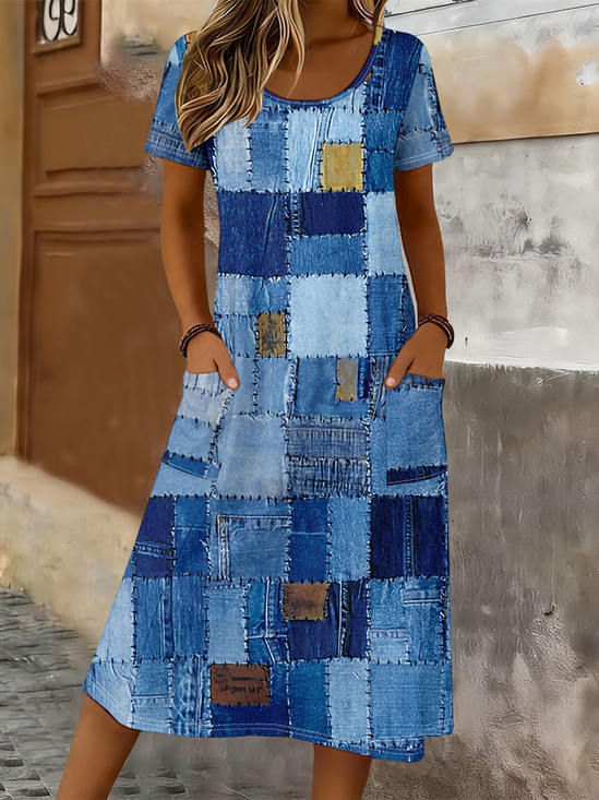 Women's Short Sleeve Summer Blue Faux Denim Print Graphic Printing Crew Neck Daily Going Out Casual Maxi H-Line T-Shirt Dress Dress