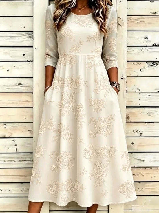 Floral Crew Neck Regular Fit Casual Dress With No
