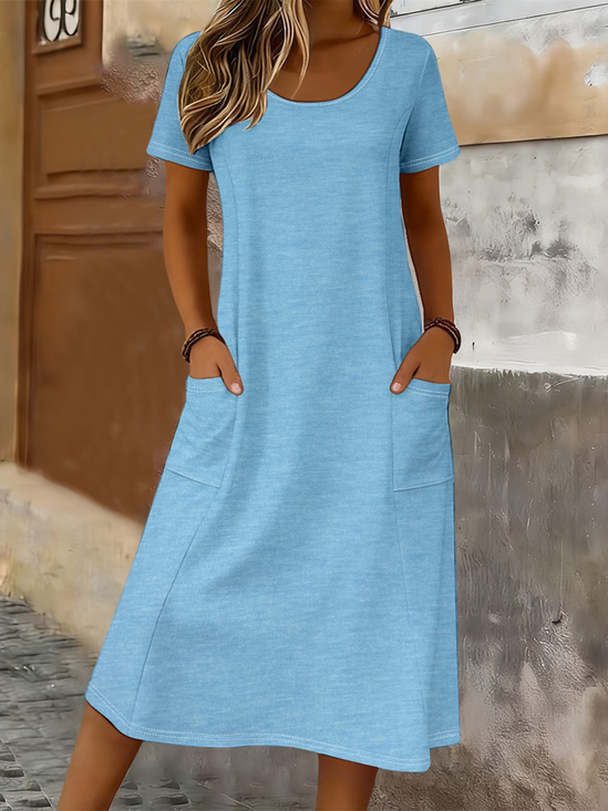 Women's Short Sleeve Summer Blue Plain Pocket Stitching Crew Neck Daily Going Out Casual Maxi H-Line T-Shirt Dress Dress