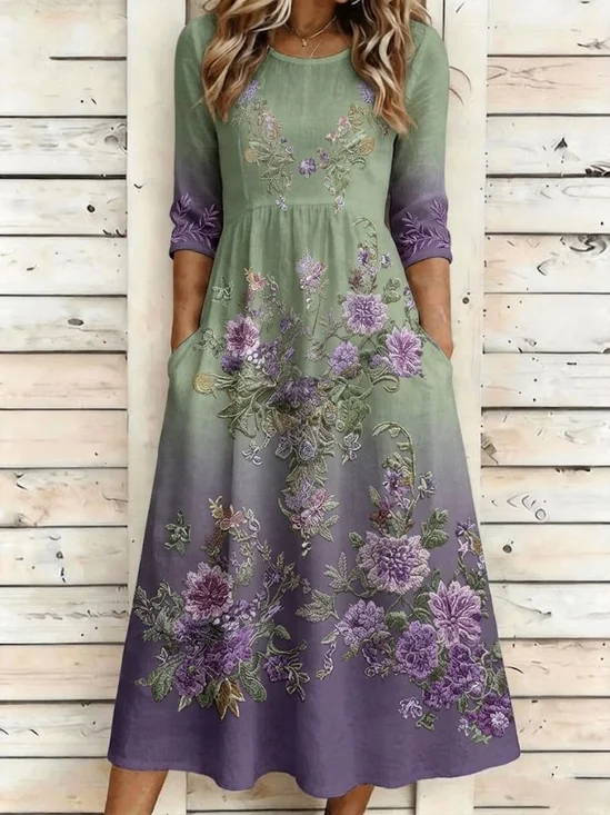 Regular Fit Floral Crew Neck Boho Dress With No
