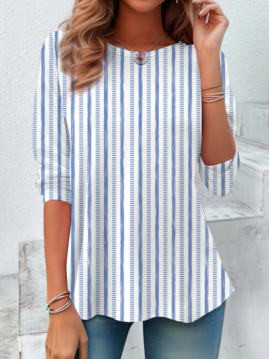 Women's Long Sleeve T-shirt Spring/Fall Blue Striped Jersey Crew Neck Daily Going Out Casual Top
