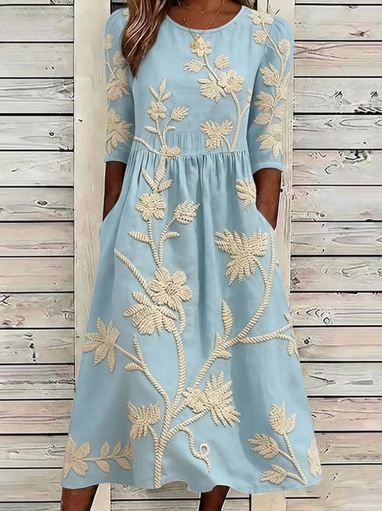 Women's Half Sleeve Summer Blue Floral Printing Crew Neck Daily Going Out Casual Maxi H-Line Dress