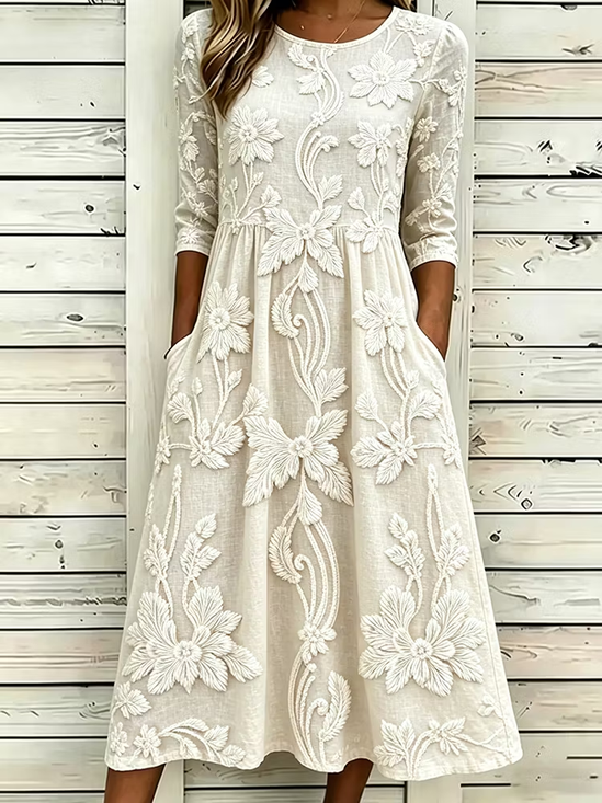 Women's Half Sleeve Summer Apricot Floral Printing Crew Neck Daily Going Out Casual Maxi H-Line Dress