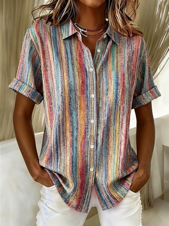 Women's Short Sleeve Shirt Summer As Picture Abstract Stripes Printing Shirt Collar Daily Going Out Casual Top