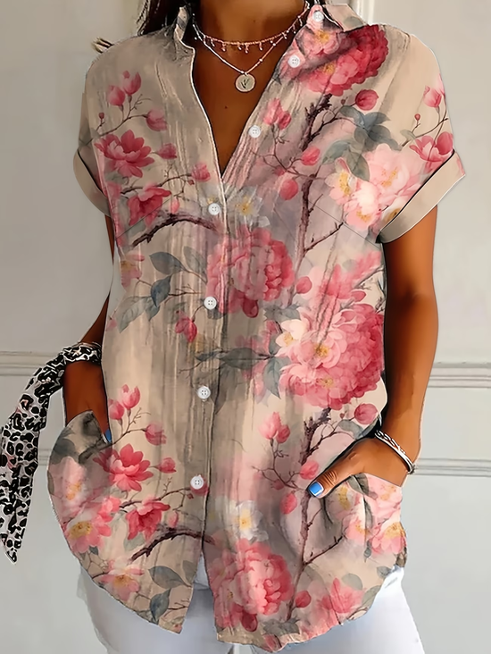 Women's Short Sleeve Shirt Summer Pink Floral Printing Shirt Collar Daily Going Out Casual Top