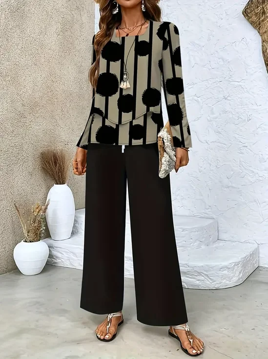 Women's Printing Striped Daily Going Out Two-Piece Set Black Casual Spring/Fall Top With Pants Matching Set