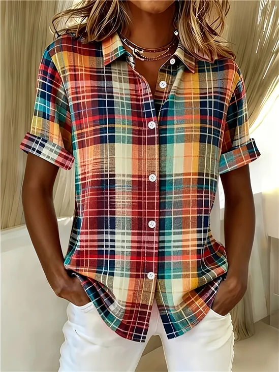 Women's Short Sleeve Shirt Summer As Picture Plaid Printing Shirt Collar Daily Going Out Casual Top