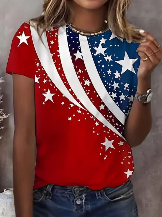 Women's Short Sleeve T-shirt Summer Red Independence Day (Flag) Printing Jersey Crew Neck Daily Going Out Casual Top