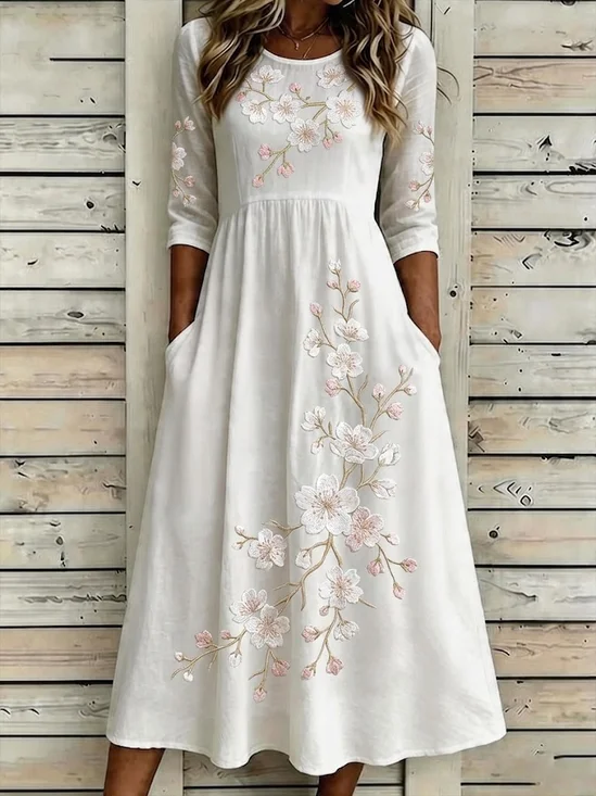 Women's Half Sleeve Summer White Floral Printing Crew Neck Daily Going Out Casual Maxi H-Line Dress