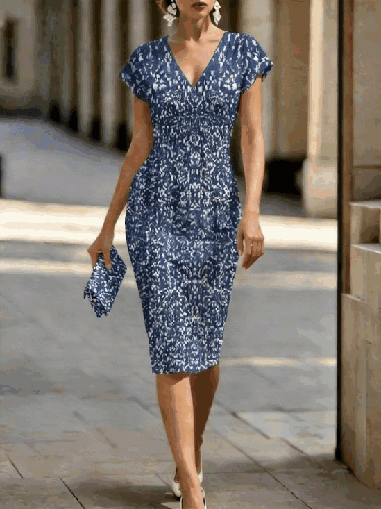 Women's V Neck Retro Abstract Print Ruched Bodycon Midi Dress