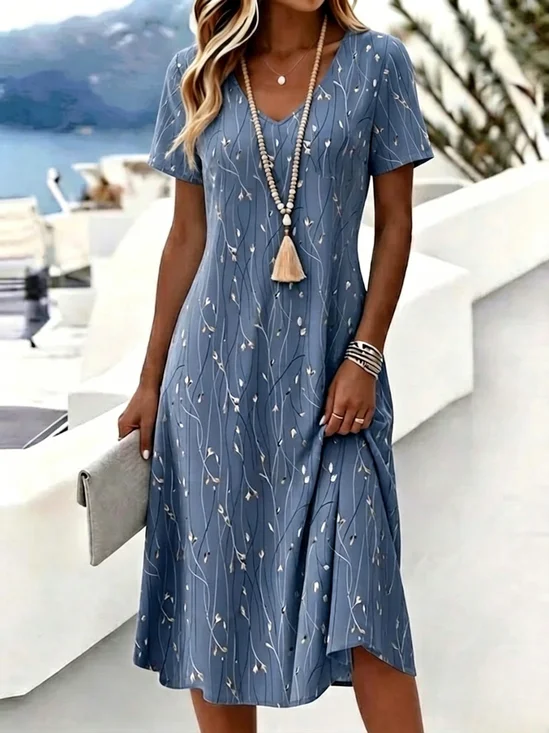 Blue Twig Floral Print Tummy Coverage Short Sleeve V Neck Midi Dress