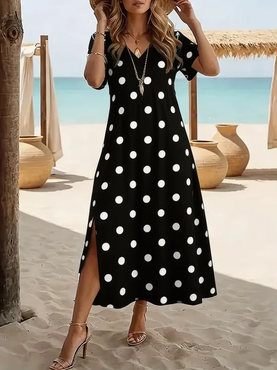 Women's Short Sleeve Summer Black Polka Dots Printing Crew Neck Daily Going Out Casual Maxi H-Line T-Shirt Dress Dress