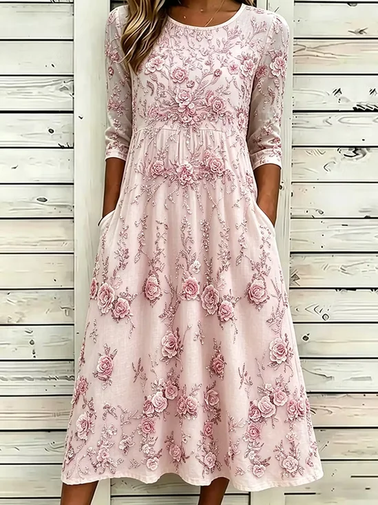 Women's Half Sleeve Summer Pink Floral Printing Crew Neck Daily Going Out Casual Maxi H-Line Dress