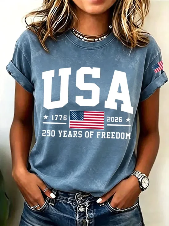 Women's Short Sleeve T-shirt Summer Blue Independence Day (Flag) Printing Jersey Crew Neck Daily Going Out Casual Top
