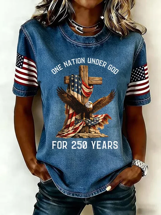 Women's Short Sleeve T-shirt Summer Blue Independence Day (Flag) Printing Jersey Crew Neck Daily Going Out Casual Top