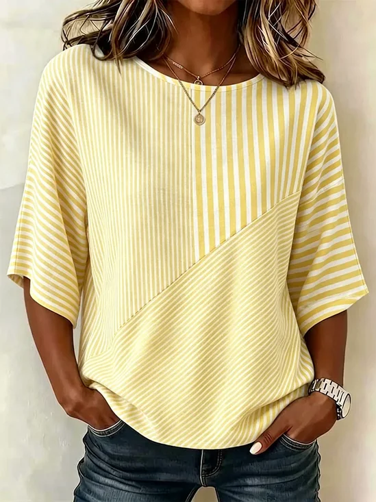 Women's Half Sleeve Blouse Summer Yellow Striped Printing Crew Neck Daily Going Out Vintage Top