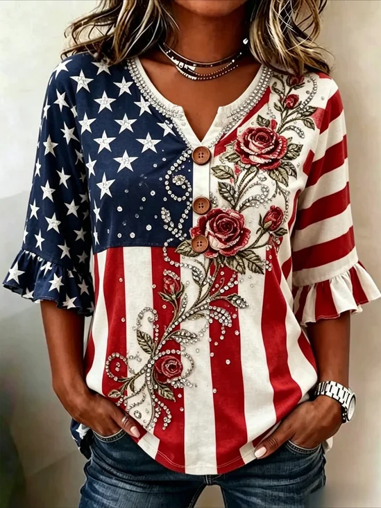 Women's Half Sleeve Blouse Summer As Picture Independence Day (Flag) Printing V Neck Daily Going Out Vintage Top