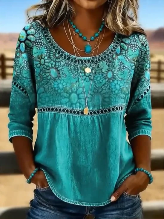 Women's Half Sleeve Blouse Summer Green Abstract Printing Crew Neck Daily Going Out Casual Top