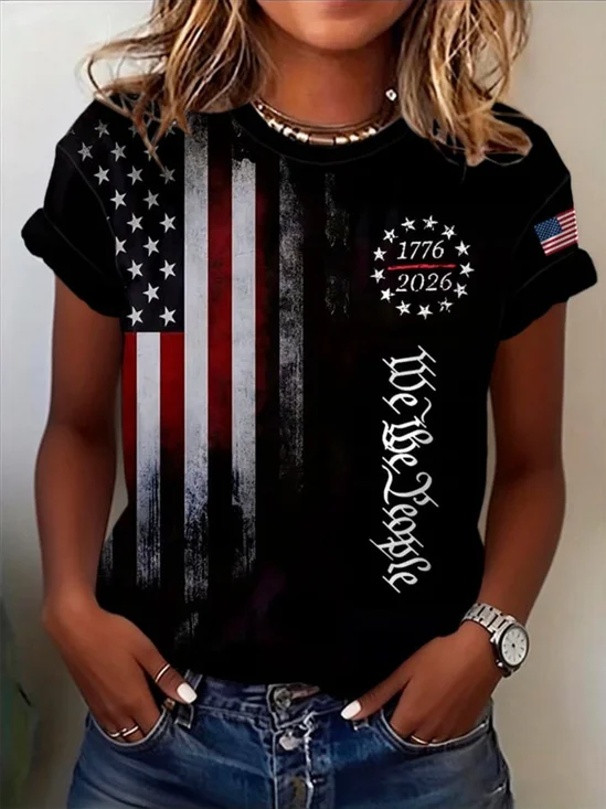 Women's Short Sleeve T-shirt Summer Black Independence Day (Flag) Printing Jersey Crew Neck Daily Going Out Casual Top