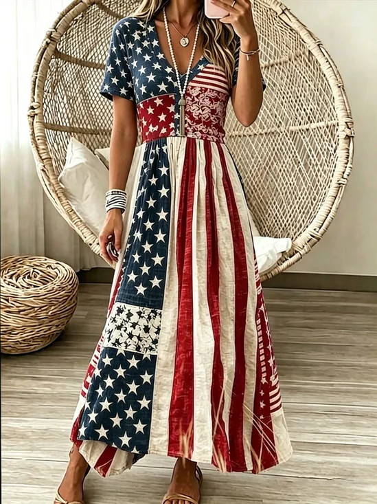 V Neck Regular Fit Independence Day Casual Dress With No