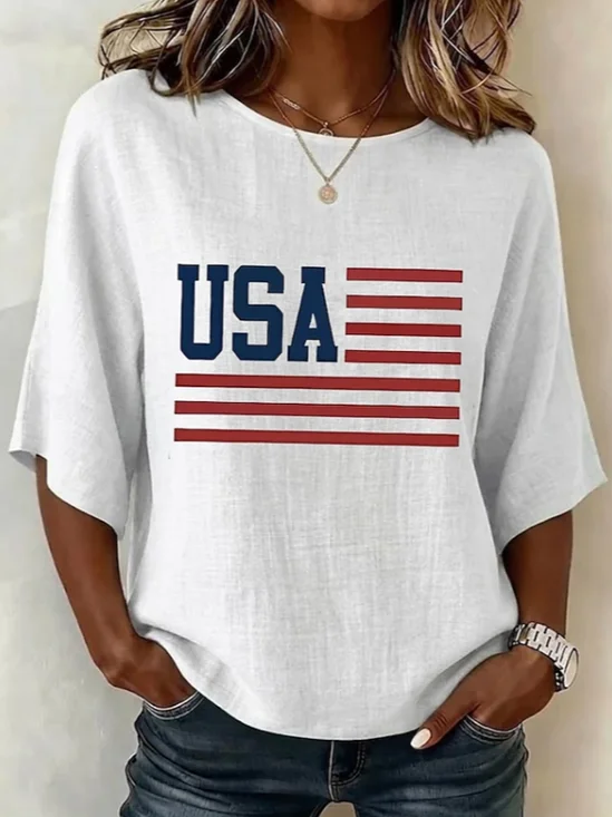 Women's Half Sleeve Blouse Summer White Independence Day (Flag) Printing Crew Neck Daily Going Out Vintage Top