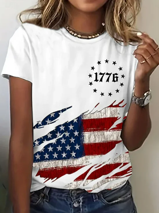 Women's Short Sleeve T-shirt Summer White Independence Day (Flag) Printing Jersey Crew Neck Daily Going Out Casual Top