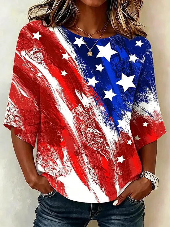 Women's Half Sleeve Blouse Summer As Picture Independence Day (Flag) Printing Crew Neck Daily Going Out Vintage Top