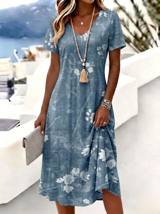 Blue Floral Print Tummy Coverage Short Sleeve V Neck Midi Dress