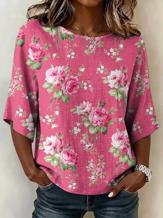 Women's Half Sleeve Blouse Summer Rose Red Floral Printing Crew Neck Daily Going Out Vintage Top