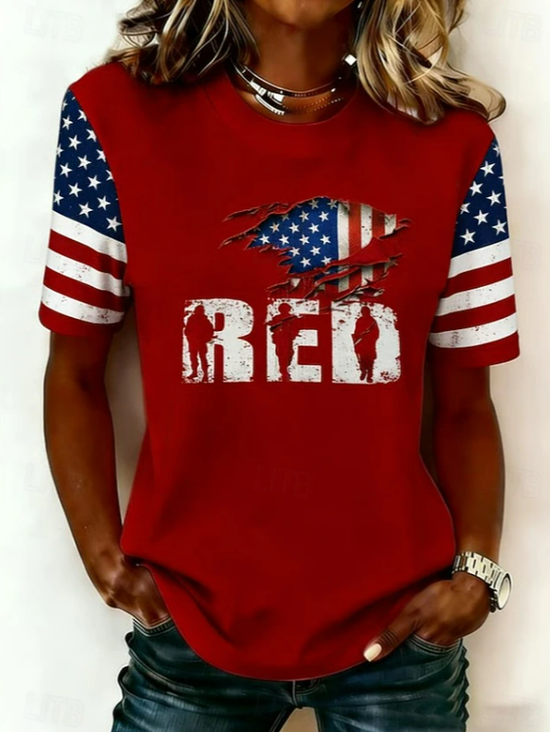 Women's Short Sleeve T-shirt Summer Red Independence Day (Flag) Printing Jersey Crew Neck Daily Going Out Casual Top