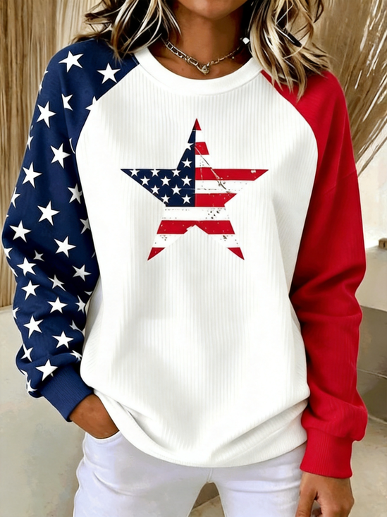 American Flag Star Print Ribbed Raglan Long Sleeve Patriotic Sweatshirt