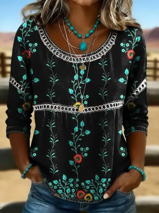Women's Half Sleeve Blouse Summer Black Floral Printing Crew Neck Daily Going Out Casual Top