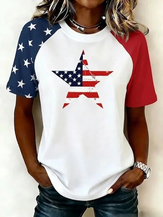 American Flag Star Print Raglan Short Sleeve Patriotic T-Shirt