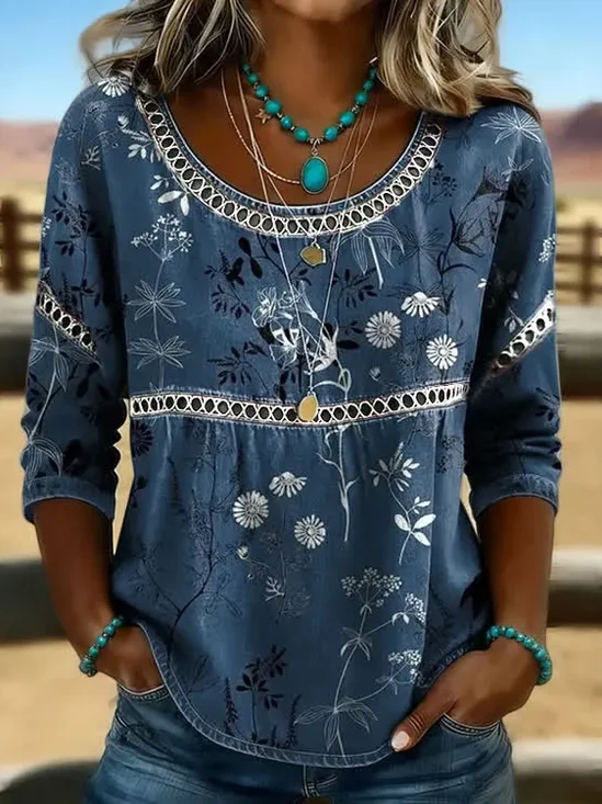 Women's Half Sleeve Blouse Summer Blue Floral Printing Crew Neck Daily Going Out Casual Top