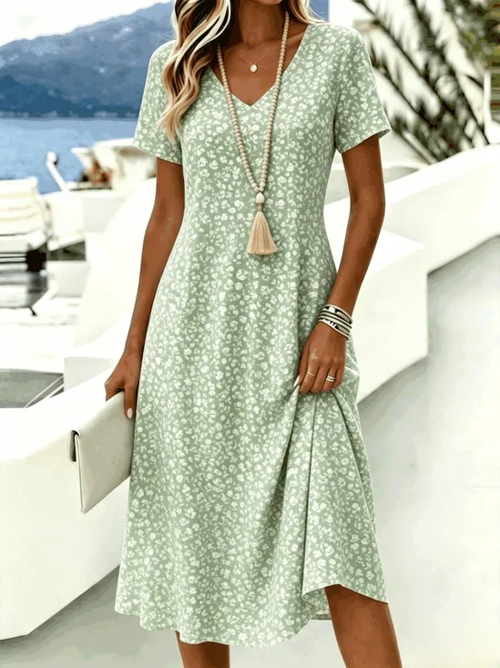 Sage Green Floral Print Tummy Hide Short Sleeve Vacation Midi Dress