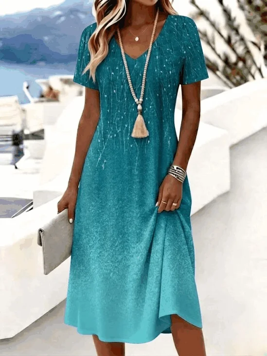 Teal Gradient Print Tummy Coverage Short Sleeve V Neck Midi Dress