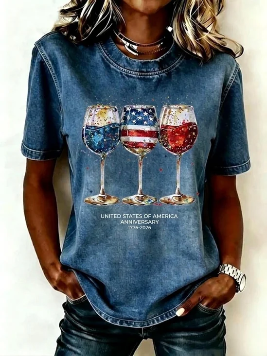 Blue Denim Look USA Anniversary Wine Glass Print Patriotic Short Sleeve T Shirt