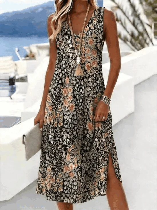 Black Ditsy Daisy Floral Print Tummy Coverage Sleeveless V Neck Midi Dress
